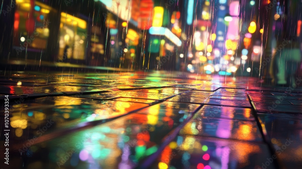 Motion blur capture of vibrant lights reflecting in a rain filled puddle on a bustling city street Motion blur capture of vibrant lights reflecting in a rain filled puddle on a bustling city street