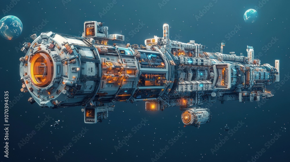 A futuristic spaceship with a sleek design, detailed exterior, and glowing lights against a dark blue background with planets. A futuristic spaceship with a sleek design, detailed exterior, and glowing lights against a dark blue background with planets.