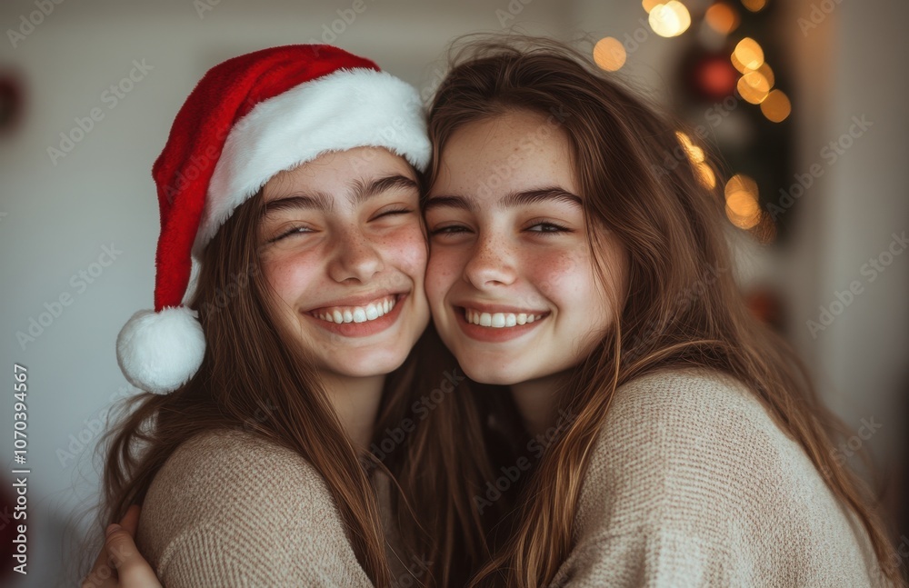 Two joyful friends celebrating Christmas at home in a warm and cozy setting with genuine smiles, wearing a Santa hat, filled with warmth and festive lights in the background. Two joyful friends celebrating Christmas at home in a warm and cozy setting with genuine smiles, wearing a Santa hat, filled with warmth and festive lights in the background.