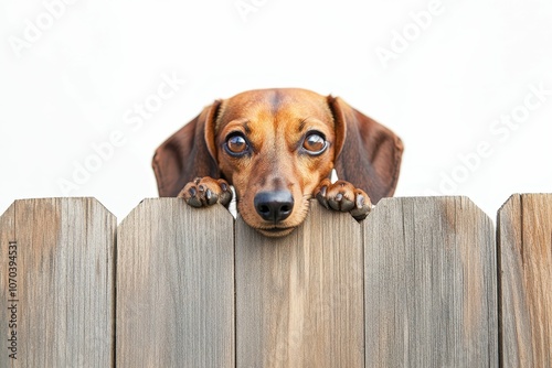 A dachshund peeking over a wooden fence. photo