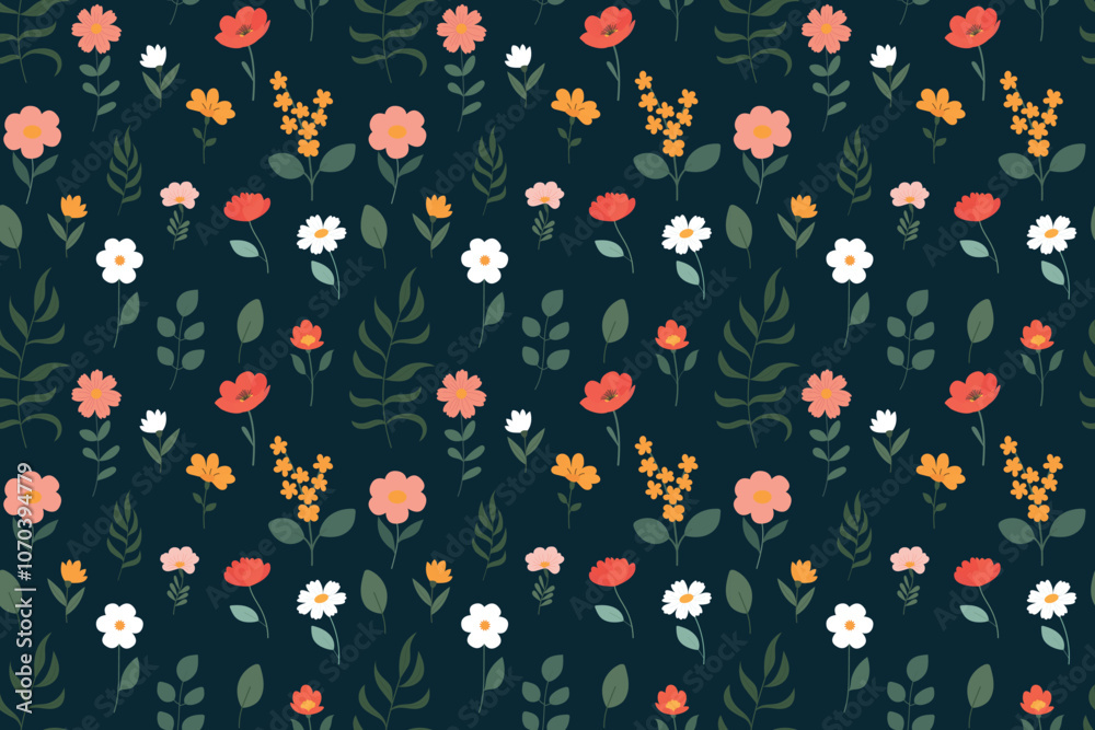 Fototapeta premium Vintage seamless floral pattern. Small flowers scattered over green background. Realistic flowers. Vector illustration
