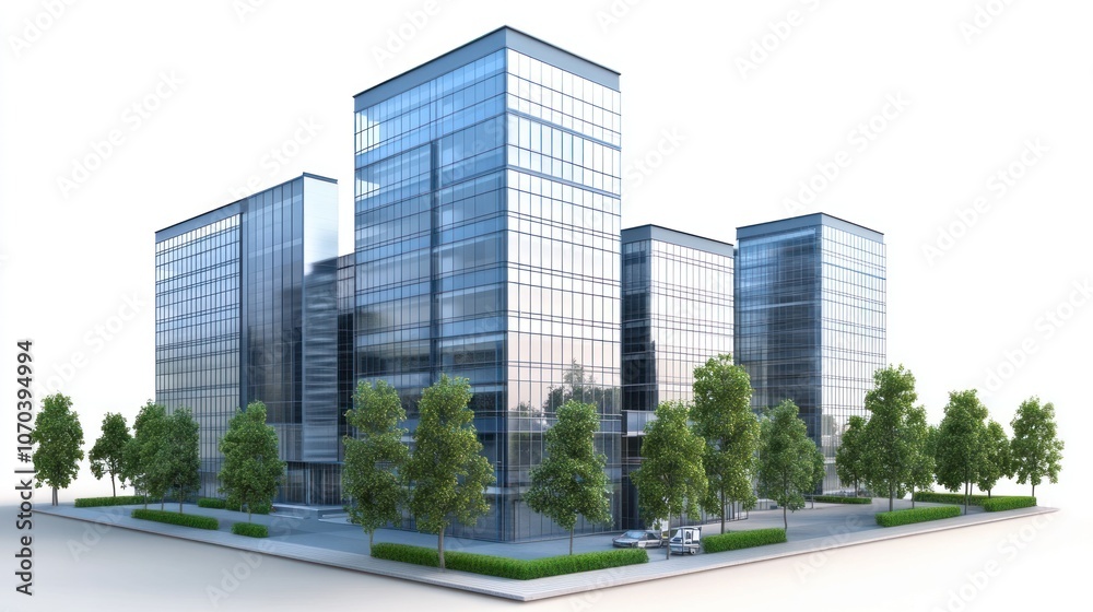 Modern office buildings with glass facades surrounded by trees and landscaped areas. Modern office buildings with glass facades surrounded by trees and landscaped areas.