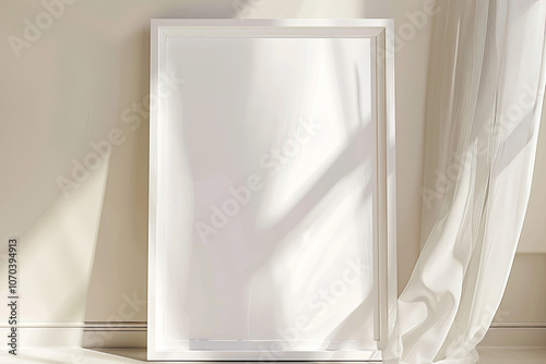 hite frame white with thick border blank canvas on beige wall mockup bright light soft shadows
