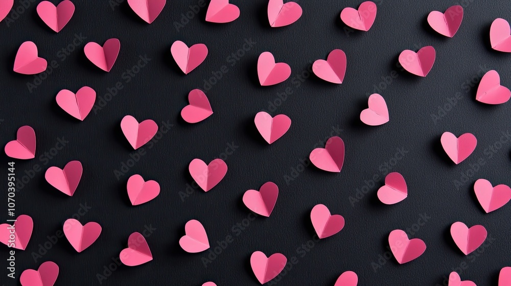 Romantic black background with pink paper hearts. Cut out hearts background. Romantic black background with pink paper hearts. Cut out hearts background.