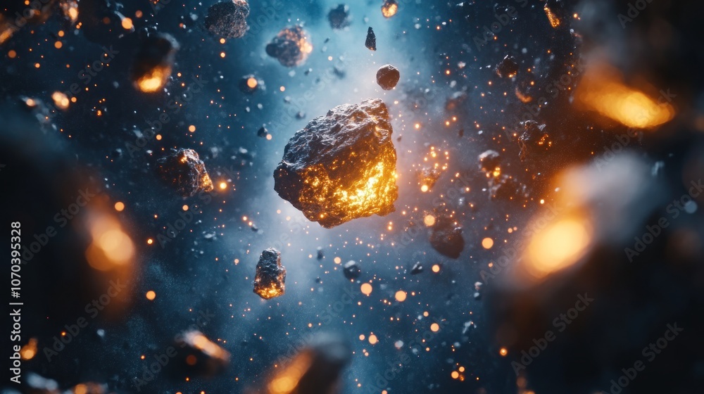 A fiery asteroid hurtles through space, surrounded by smaller rocks and dust, with a blue and orange glow emanating from it.