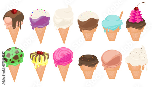 Bubble waffle with filling, ice cream balls in cup, ice-cream in cone. Desserts, sweet eating set. Yummy street food, confectionery snacks. Flat vector illustrations isolated on white background.