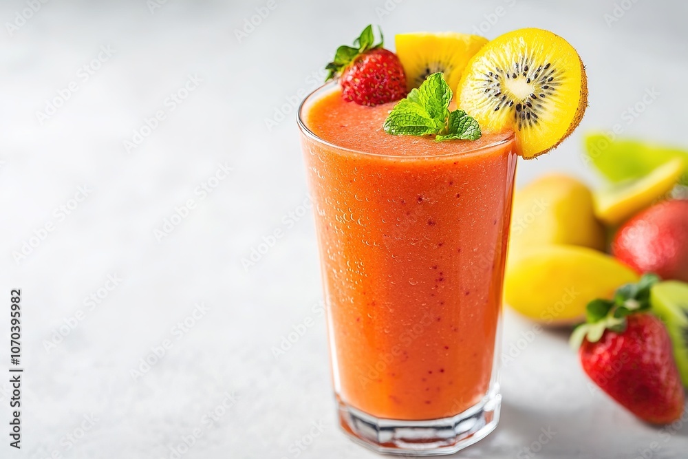Fresh fruit smoothie in tall glass with mint Fresh fruit smoothie in tall glass with mint