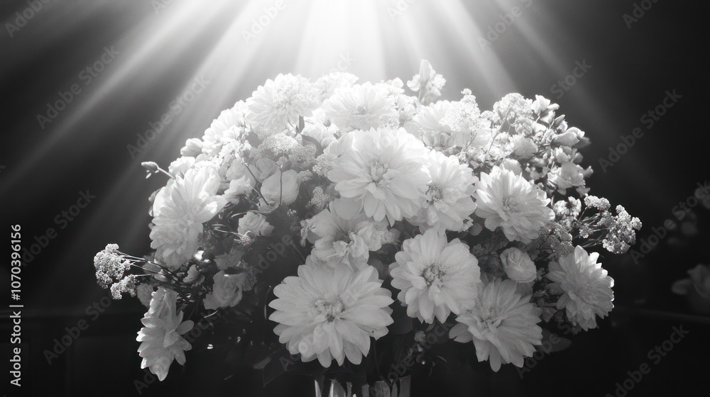 A black and white image of a bouquet of white flowers in a vase with a dramatic spotlight effect. A black and white image of a bouquet of white flowers in a vase with a dramatic spotlight effect.