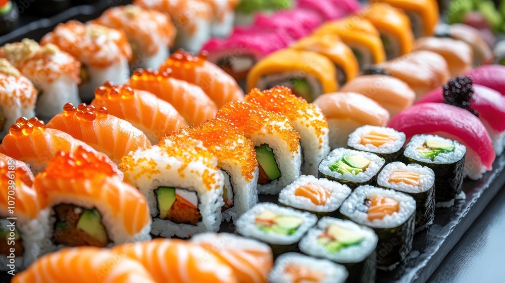 A platter of colorful sushi rolls with various fillings, including salmon, avocado, cucumber, and shrimp. A platter of colorful sushi rolls with various fillings, including salmon, avocado, cucumber, and shrimp.