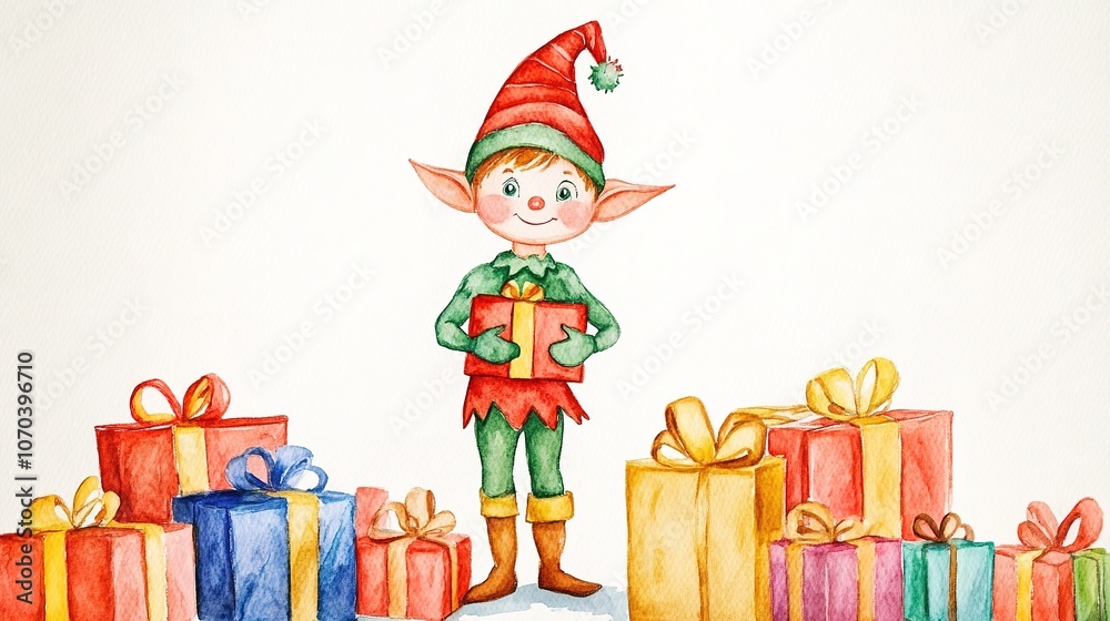 Naklejka premium Elf with gift, surrounded by colorful presents, holiday cheer