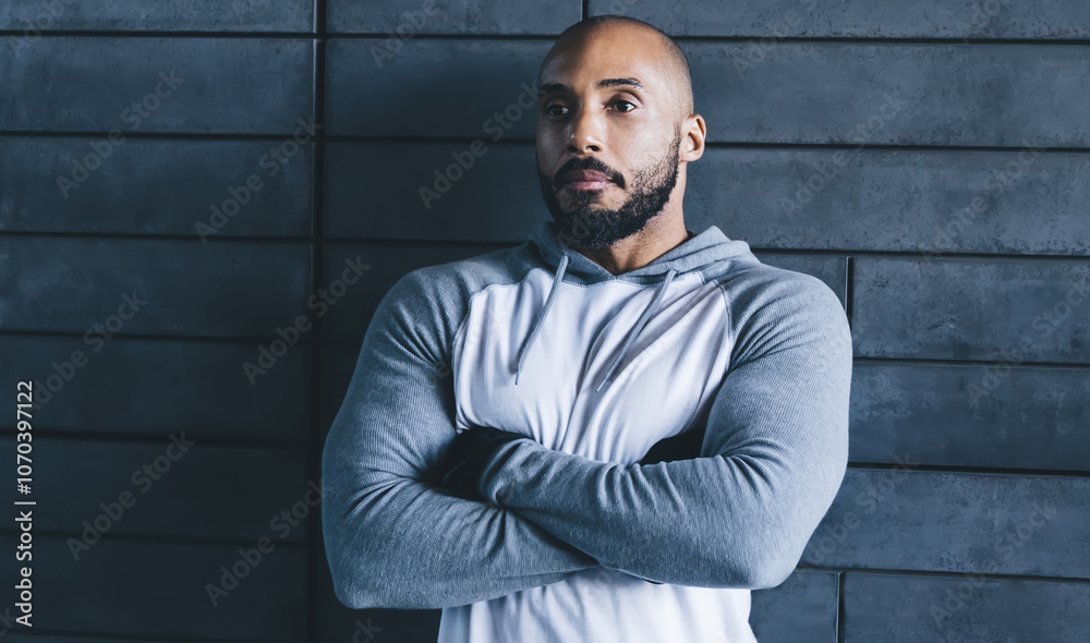 Black strong sportsman looking away with arms crossed Black strong sportsman looking away with arms crossed