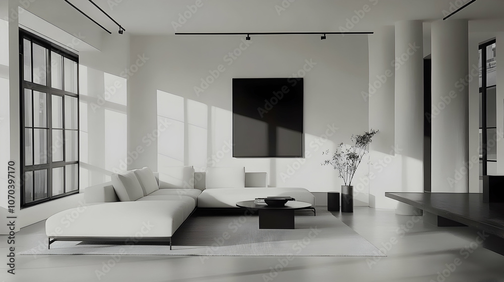 Fototapeta premium Bare-Bones Minimalist Monochrome Living Room with Black and White Palette, Clean Lines, and Sparse Decor