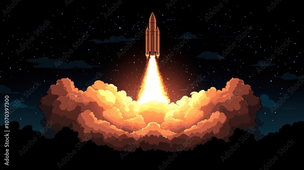 Obraz premium Pixelated rocket ship launching into space at night with clouds and stars.