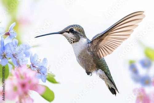 Hummingbird in flight near pink and blue flowers.