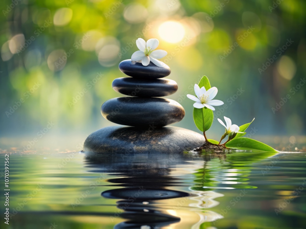 Serene Reflection: Three Black Stones with a Flower Floating in Tranquil Water, Capturing the Essence of Minimalism in Architectural Photography Serene Reflection: Three Black Stones with a Flower Floating in Tranquil Water, Capturing the Essence of Minimalism in Architectural Photography