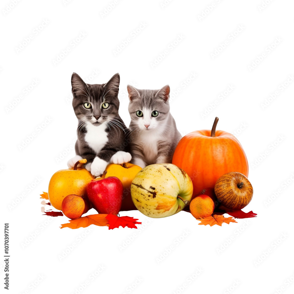 Two Cute Kittens with Pumpkins and Autumn Leaves Two Cute Kittens with Pumpkins and Autumn Leaves