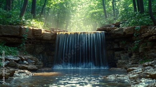 A cascading waterfall surrounded by lush green foliage and sunlight shining through the trees.