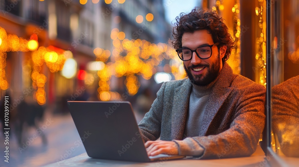 Smiling Man on Laptop, Festive City Lights Holiday Season Freelancing, Remote Work Concept. Smiling Man on Laptop, Festive City Lights Holiday Season Freelancing, Remote Work Concept.