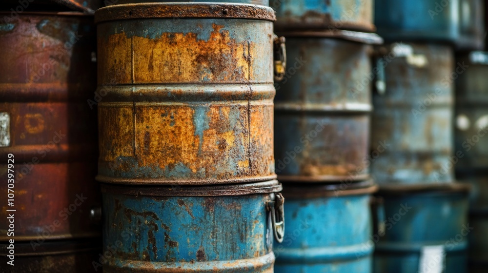 A stack of weathered metal barrels showcasing rust and wear. A stack of weathered metal barrels showcasing rust and wear.
