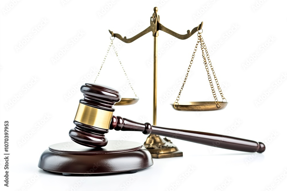 Golden scales of justice beside wooden gavel on white