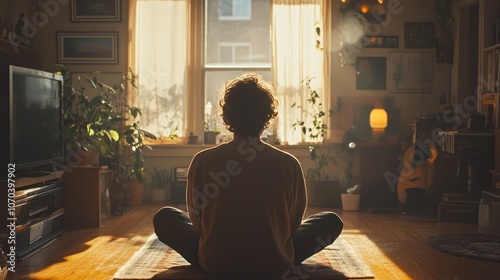 A person sits in a yoga pose on a rug in a living room with sun shining through the window.