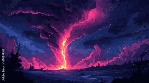 A fiery vortex of pink and orange light erupts from the ground, swirling upwards into a night sky filled with stars and dark clouds.