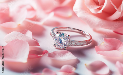 A pair of golden wedding rings rests on top of an elegant ring box, surrounded by soft pink flowers and delicate petals