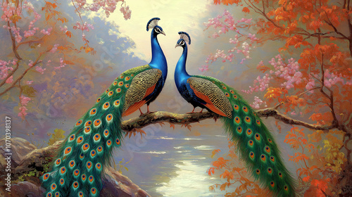 Two beautiful peacocks standing on a branch of a tree over a river.