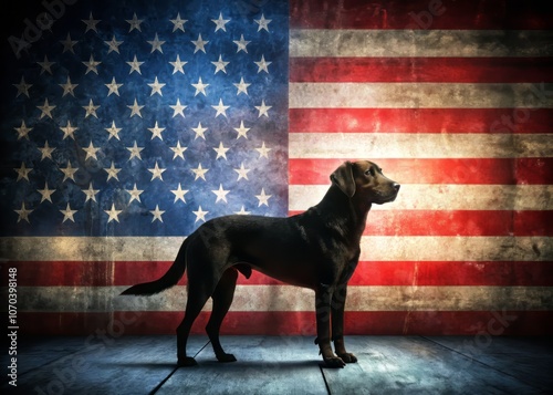 Silhouette of a Dog Against a Grunge American Flag Background, Celebrating Patriotism and the Bond Between Pets and Their Owners in a Long Exposure Style
