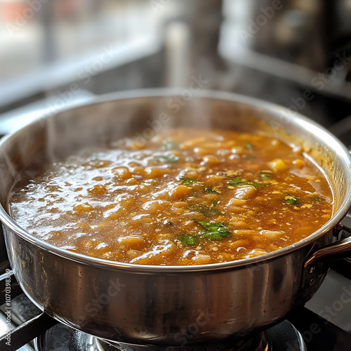 large pot of Devasthana Saaru simmering on stove, releasing aromatic steam. rich, flavorful broth is filled with spices and herbs, creating warm and inviting atmosphere photo