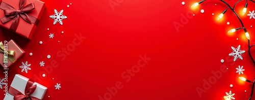 Christmas background with red gift boxes, white snowflakes, and Christmas lights on the right side of a red banner