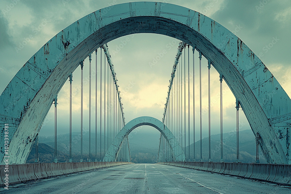Obraz premium Rusty arch bridge stretching over a quiet highway at dusk