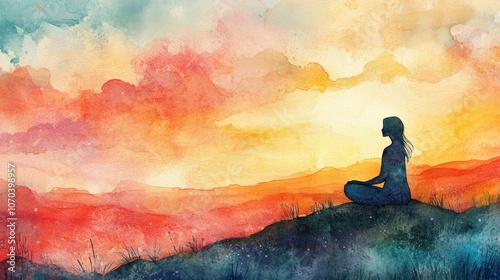 Watercolor painting of a woman meditating on a hilltop at sunset.
