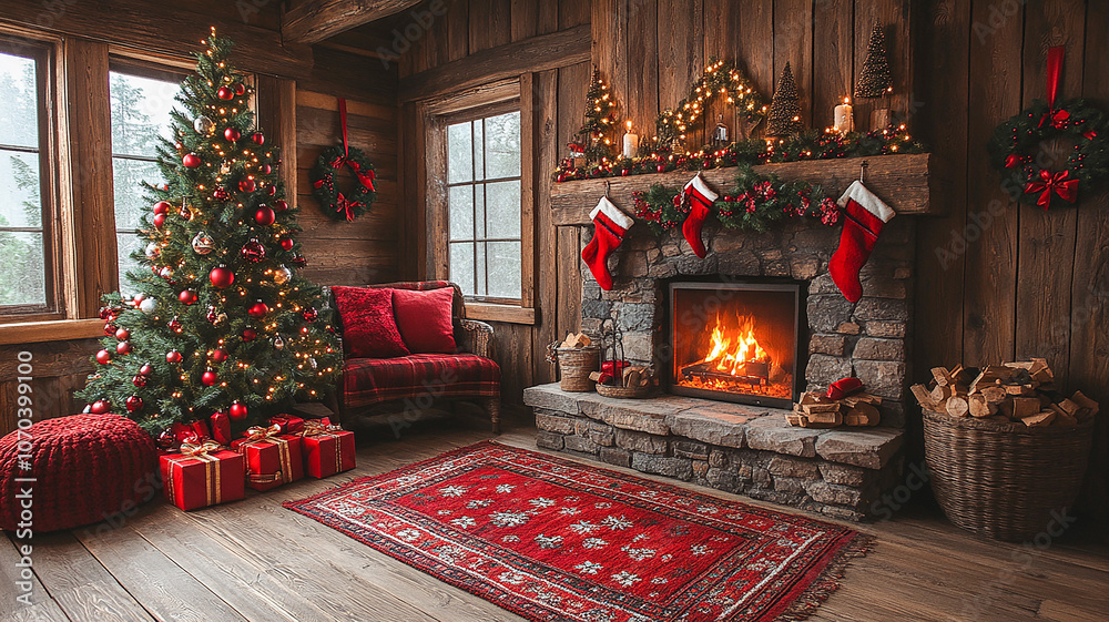 Cozy holiday living room with a decorated Christmas tree, stockings, and a warm fire during winter Cozy holiday living room with a decorated Christmas tree, stockings, and a warm fire during winter