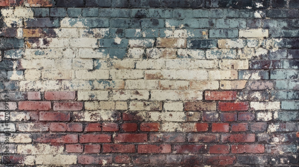 A weathered brick wall with peeling paint and various colors. A weathered brick wall with peeling paint and various colors.