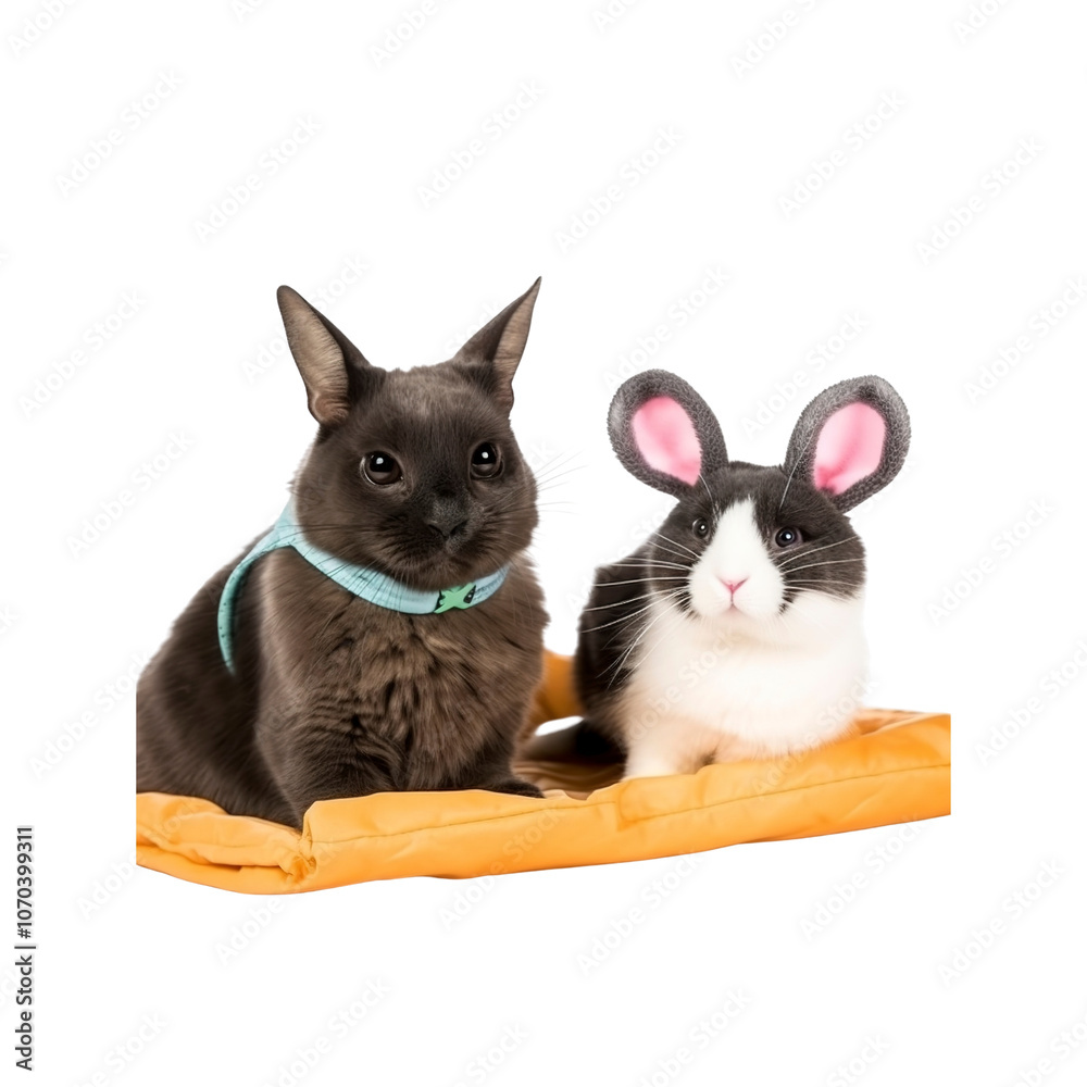 Cat and rabbit friends on a yellow cushion Cat and rabbit friends on a yellow cushion