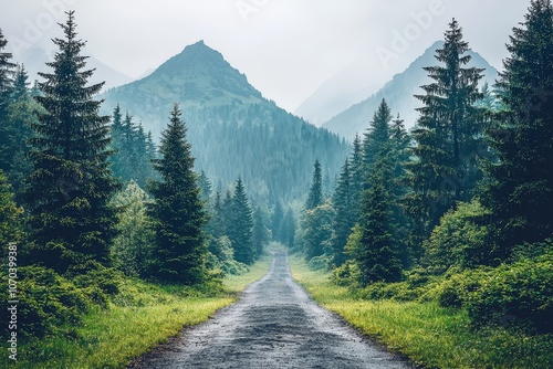 Scenic mountain road surrounded by lush evergreen forests under a misty sky. photo