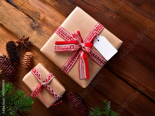  Christmas  parcels  presents  wrapped  in old-fashioned  brown  paper  tied  with string and  ribbon  on a wooden table  vintage style photo