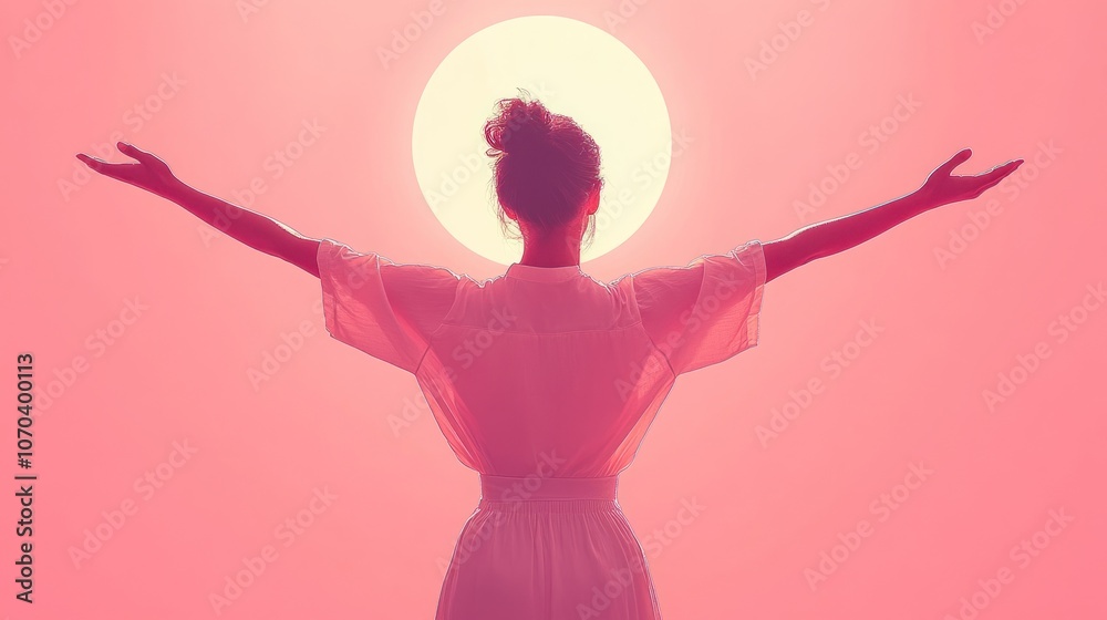 A woman with arms outstretched towards the sun, bathed in soft light against a pink sky.