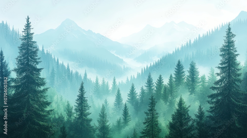 Fototapeta premium Misty mountain landscape with lush green forests and a soft, blue sky.