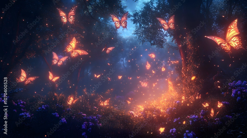 Fototapeta premium A mesmerizing scene of glowing butterflies in an enchanted forest at twilight.