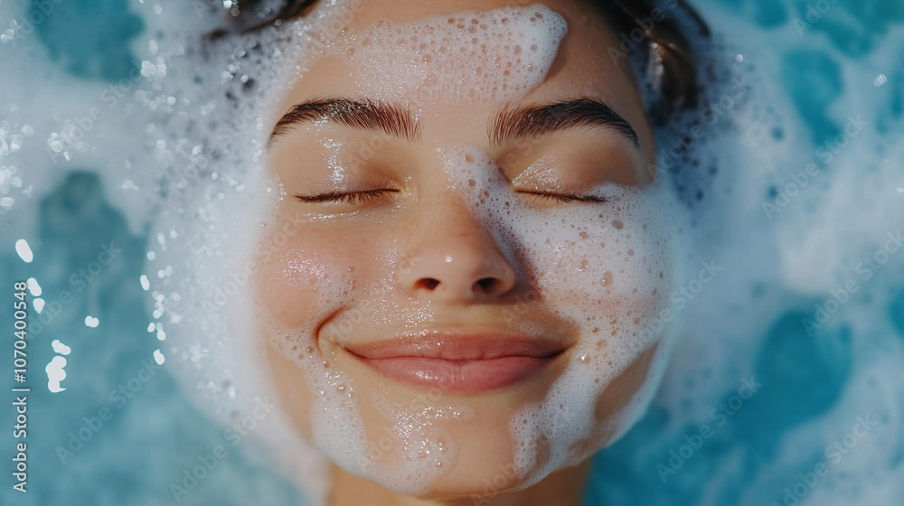 Woman with closed eyes and a smile submerged in a bubble bath. Woman with closed eyes and a smile submerged in a bubble bath.