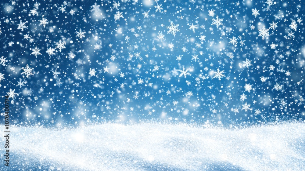 A snowy winter scene with falling snowflakes on a blue sky background. A snowy winter scene with falling snowflakes on a blue sky background.