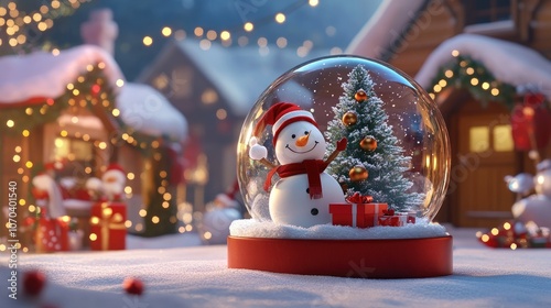 christmas snow globe, christmas tree and snowman scene, gifts flat design front view North Pole theme 3D render 