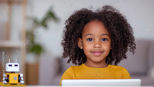 cheerful African American girl with curly hair smiles while using tablet, showcasing her curiosity and engagement. small robot toy is nearby, adding playful touch