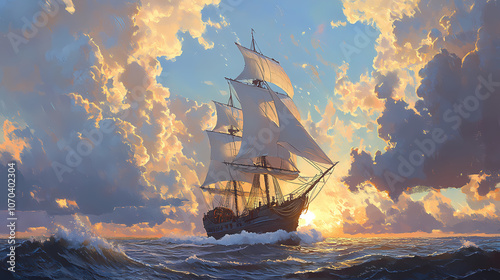 A majestic sailing ship with billowing sails navigates through choppy waters under a dramatic sky. Majestic. Illustration