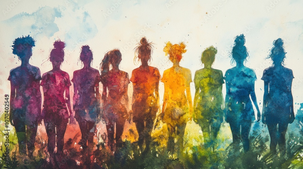 A watercolor painting of eight women standing together in a rainbow of colors, representing diversity and unity. A watercolor painting of eight women standing together in a rainbow of colors, representing diversity and unity.