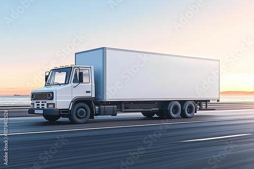 White freight truck driving on an open road during sunset with a clear sky.