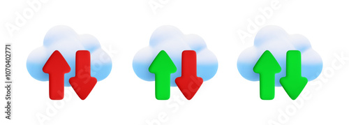 Vector cartoon 3d cloud computing icon set. Realistic render of cloud, green and red upload download arrows. Data storage concept, cloud technology online service, server connection, data transfer.