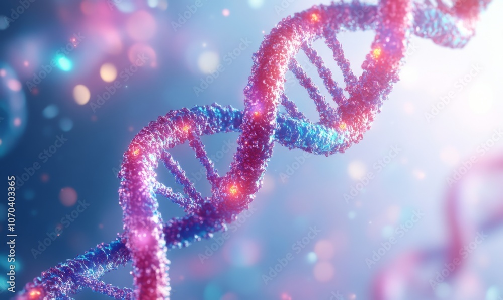 3D model of a DNA double helix structure with detailed nucleotides, vibrant and scientific